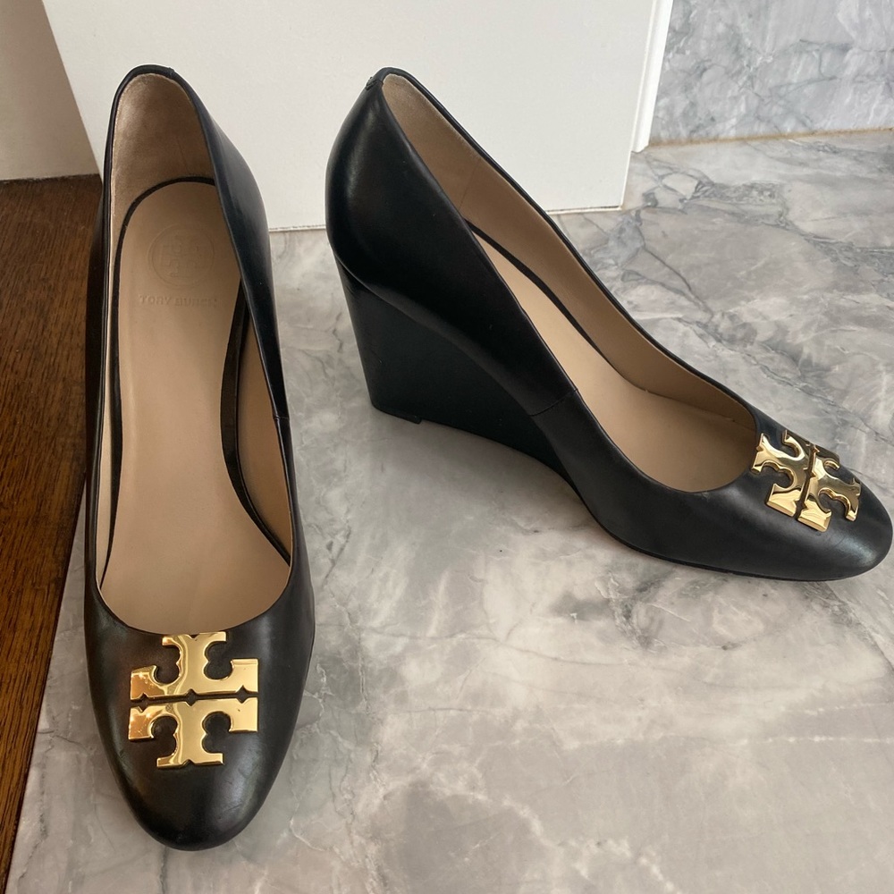 Tory Burch Black Logo Wedge Heels